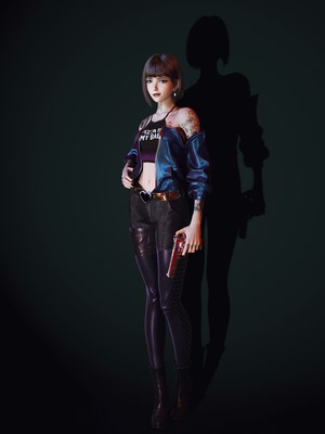 Woman with tattoos holding a gun