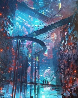 Cyberpunk city with neon lights and flying vehicles