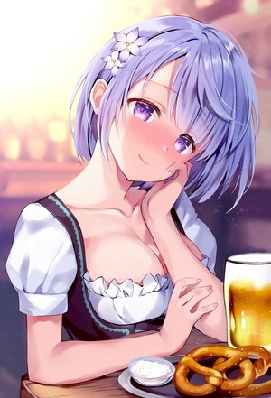 Anime girl in Oktoberfest dress with beer and pretzel