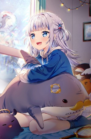 Gawr Gura Sitting with Plush Shark and Whale