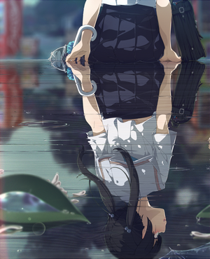 Anime girl in school uniform reflected in water