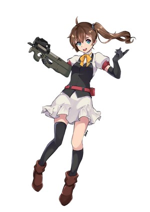 Anime girl with brown hair holding an FN P90 submachine gun