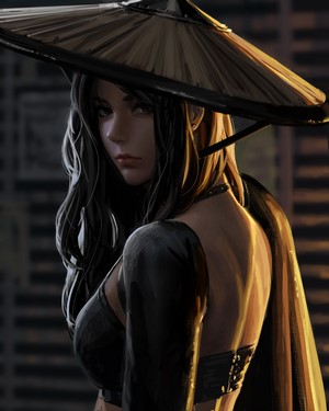 Woman in conical hat with black hair