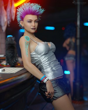 Woman with pink and blue mohawk in a futuristic bar