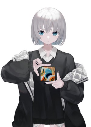 Anime girl with white hair and aqua eyes holding a painting