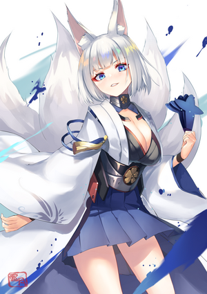 Kaga from Azur Lane with fox ears and tails