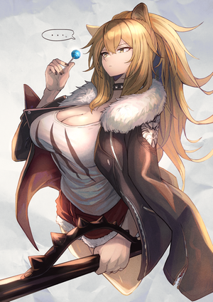 Siege from Arknights holding a lollipop
