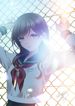 Anime girl in school uniform behind a chain-link fence