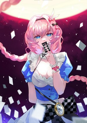 Anime girl with pink hair and blue eyes holding playing cards