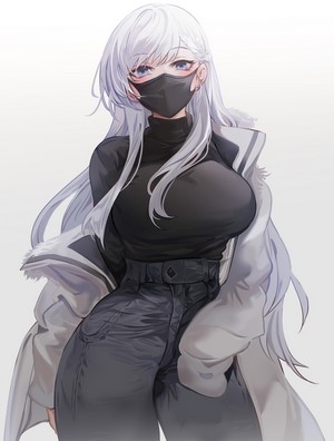 Belfast from Azur Lane wearing a mask and open jacket