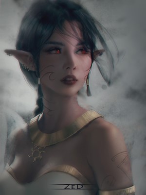 Digital painting of a woman with red eyes and elf ears