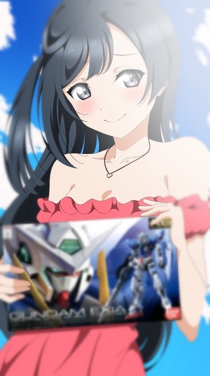 Yoshiko Tsushima from Love Live! Sunshine holding a Gundam model box