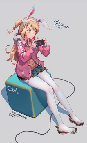 Anime girl with bunny ears playing Nintendo Switch