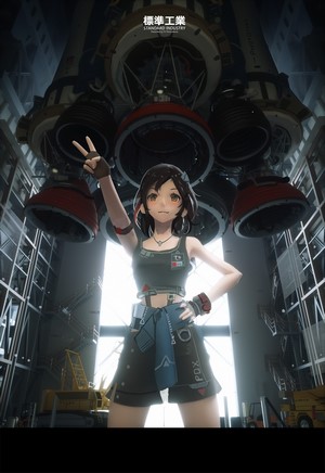 Anime girl in a hangar with a rocket