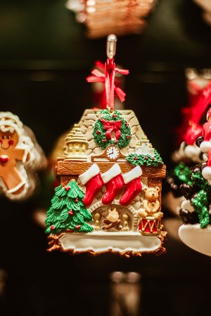 Christmas ornament with fireplace and stockings