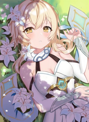 Lumine from Genshin Impact lying down with flowers