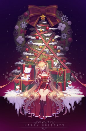 Anime girl in Santa costume with Christmas tree and presents