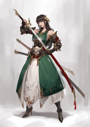 Woman in green dress with swords
