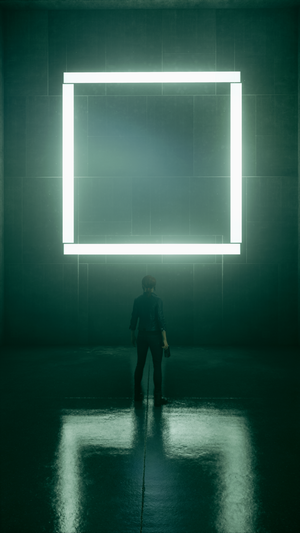 Jesse Faden from Control in a room with a light square