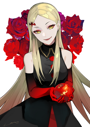 Anime girl with blonde hair and yellow eyes holding an apple