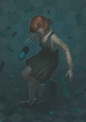 Beth Harmon from The Queen's Gambit falling among chess pieces and pills