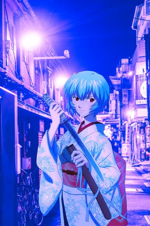Rei Ayanami from Neon Genesis Evangelion with a sword