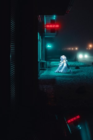 Ayanami Rei from Neon Genesis Evangelion sitting at night