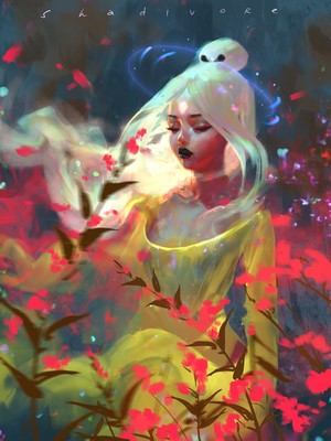 Digital art of a woman with white hair and a yellow dress