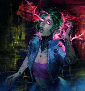 Cyborg Woman Overwhelmed by Cyberpunk Data