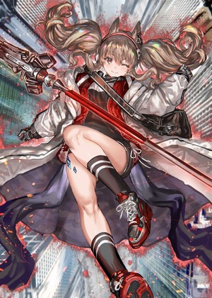 Angelina from Arknights with animal ears and a weapon