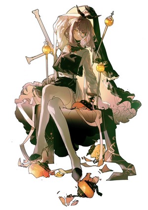 Anime girl with glasses sitting on a throne