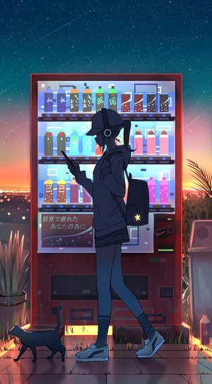 Anime girl with headphones by vending machine at sunset with cat