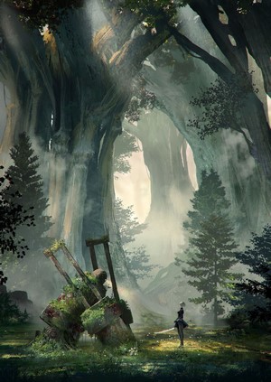 2B from Nier: Automata in a forest with ruins