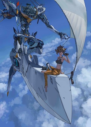 Evangelion Anima: Girl and Mech Flying in Clouds