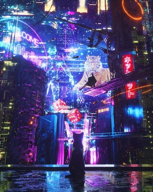 Cyberpunk Cat in Neon Cyber City