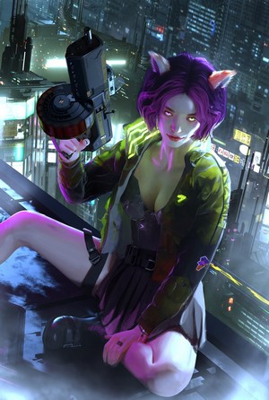 Cyberpunk 2077 Female Cyborg with Machine Gun