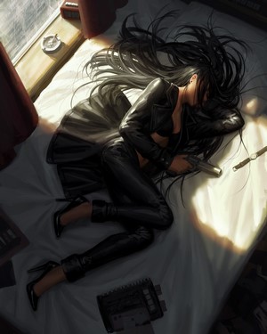 Woman in black clothes with gun in bed by GUWEIZ