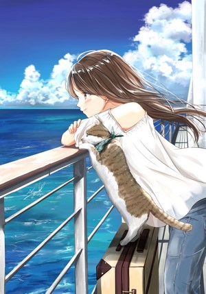Anime girl with cat on a boat