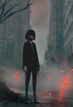 Anime girl with gas mask in ruined city with crosses