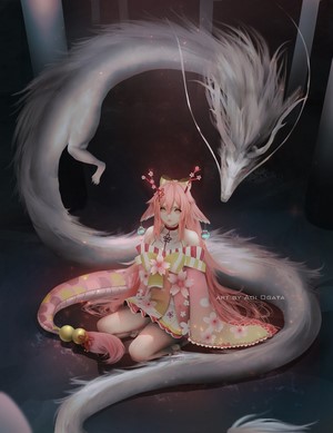 Dragon girl with pink hair and a white dragon