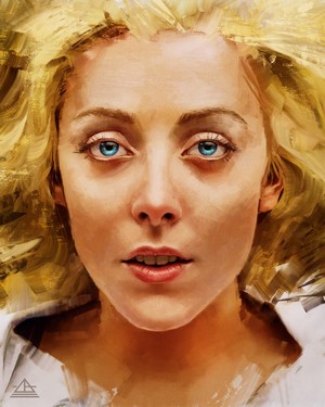 Portrait of a woman with blue eyes and blonde hair