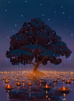 Tree decorated with lights over a body of water with candles