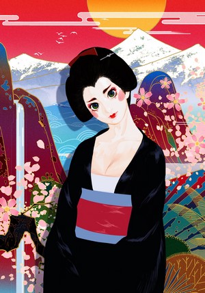 Geisha in front of Mount Fuji and cherry blossoms