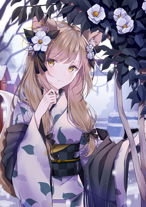 Anime fox girl in kimono with flowers in snow