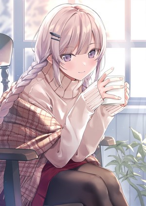 Anime girl with braids holding a cup