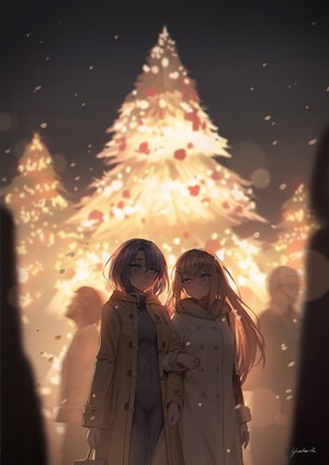Two anime girls in winter coats by a Christmas tree