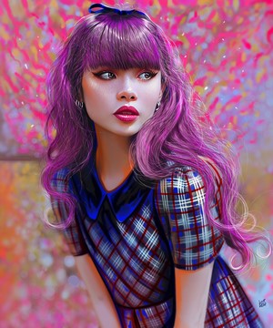 Woman with purple wavy hair and plaid dress