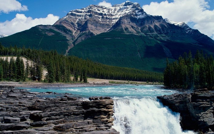 Waterfall and Mountains in Jasper National Park