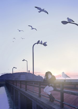 Anime girl in school uniform on a pier with birds