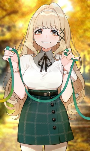 Anime girl with blonde hair holding a green ribbon